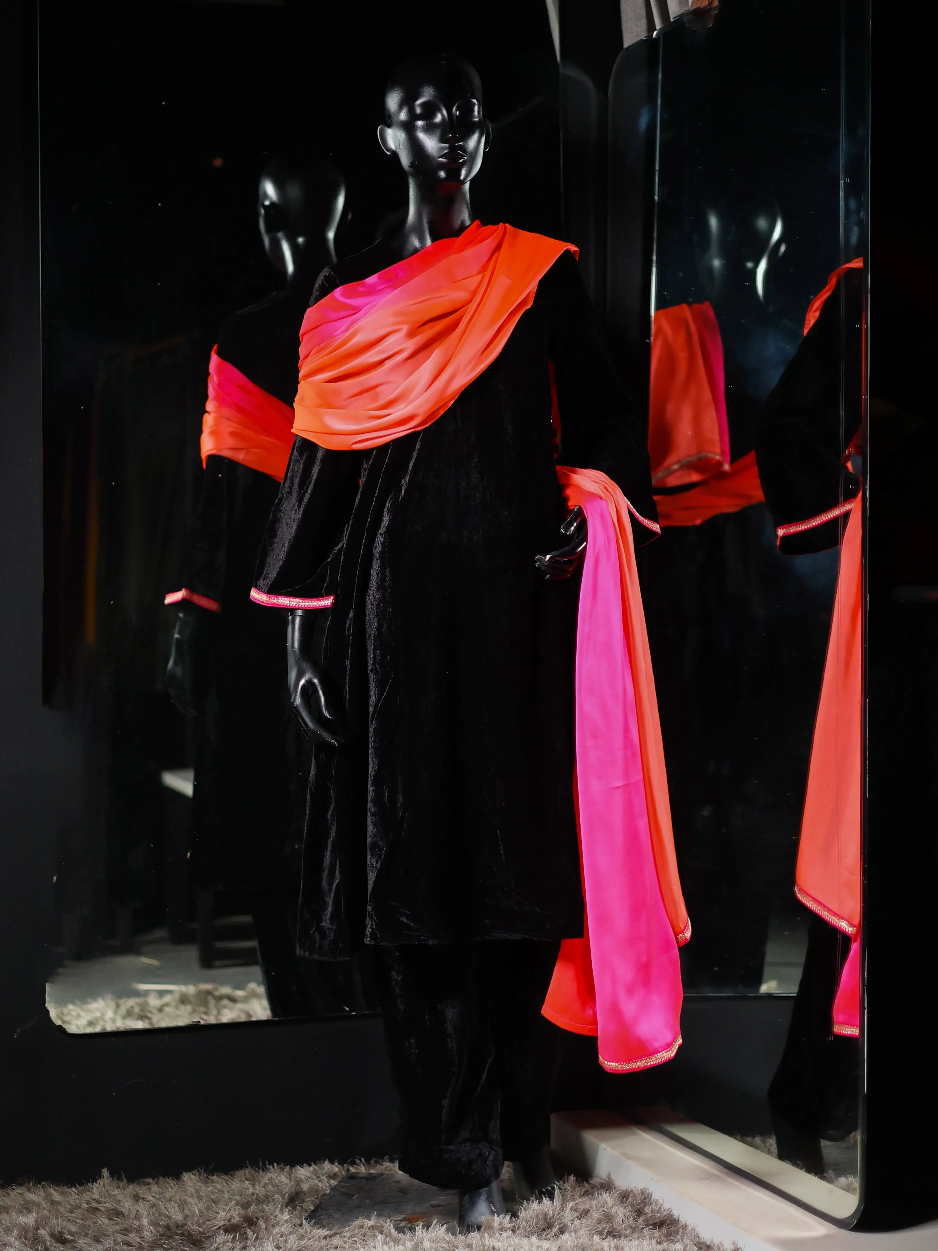 3 pcs set- Black Velvet Kurta and Pant with Pink Sunset Dupatta with Lace