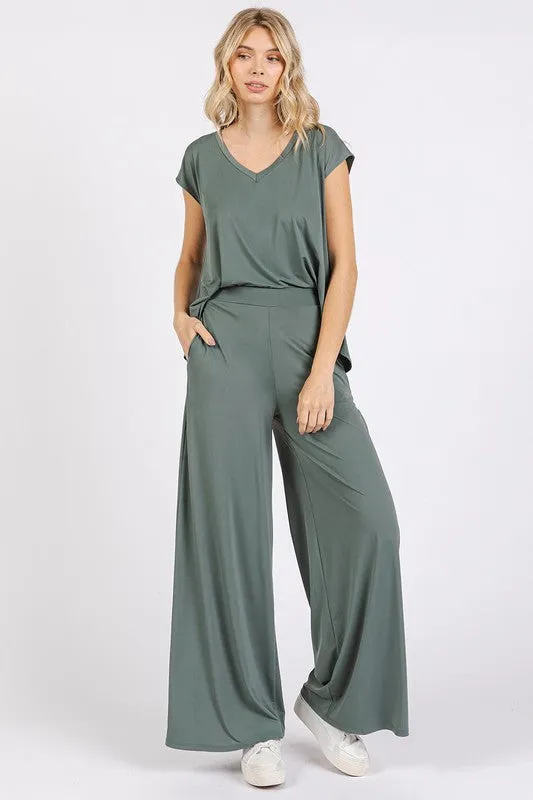 Army Green Yoga Air Stretch Elastic Waist Wide Leg Pants