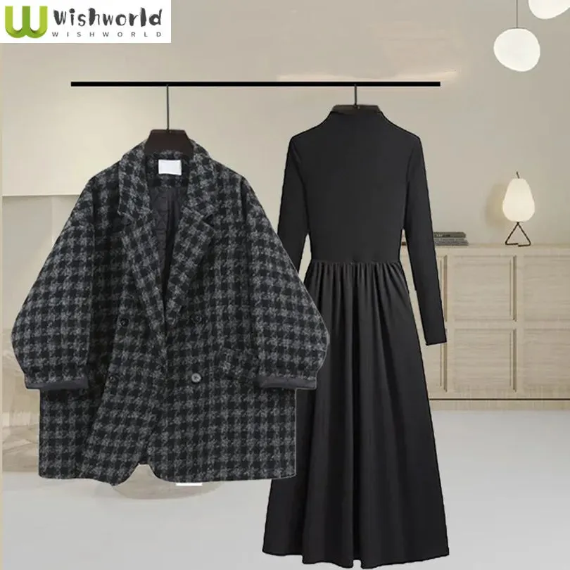 Autumn and Winter Korean Thick Woolen Plaid Suit & Slimming Long Sleeved Dress Two-Piece Set