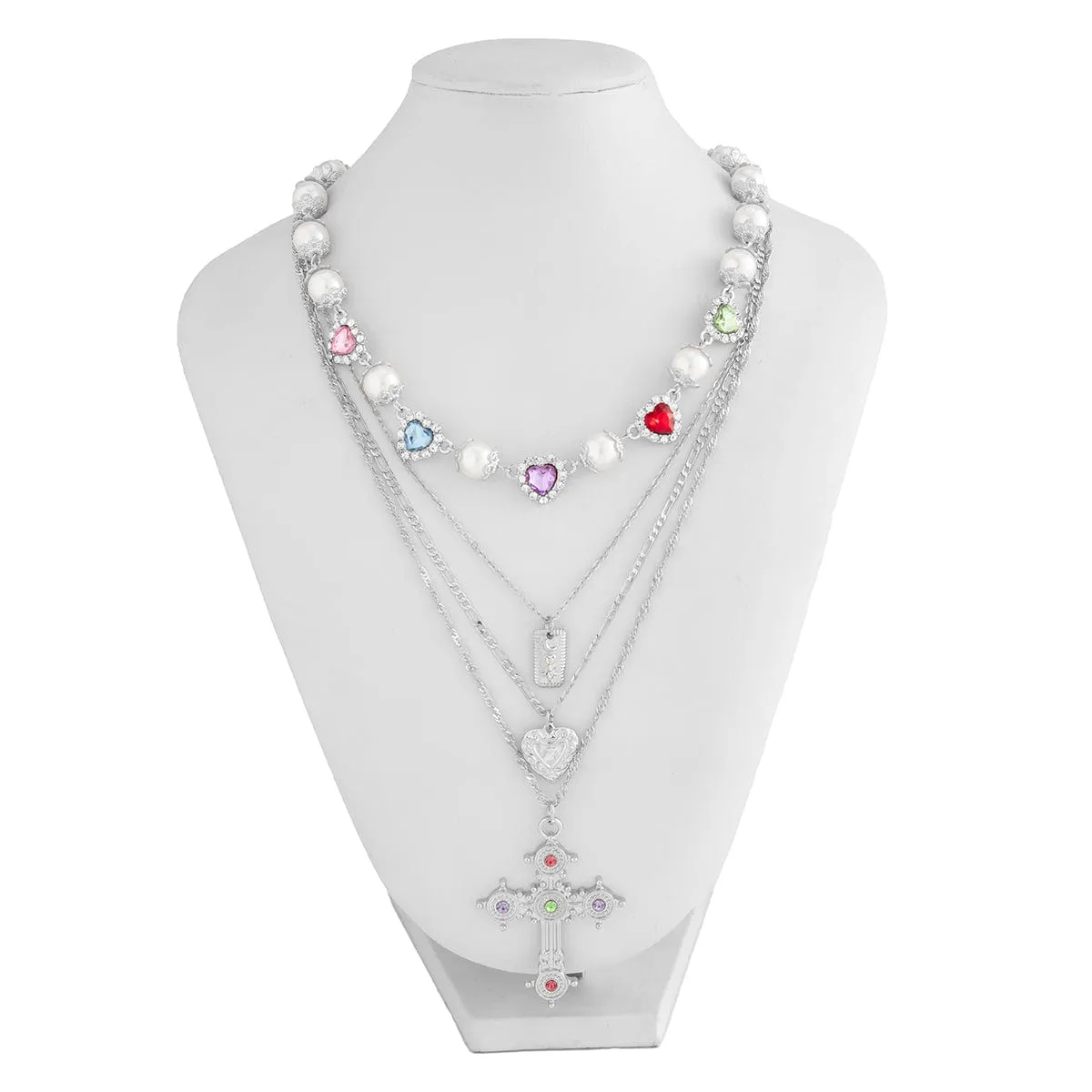 Baroque 4pcs Rhinestone Inlaid Heart Cross Pendant Pearl Chain Necklace Set