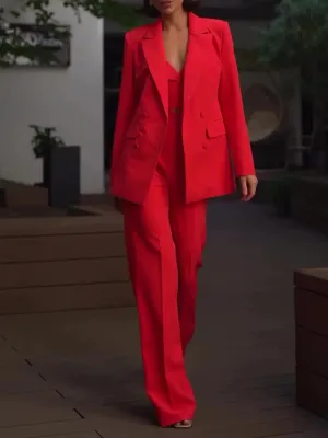 Classic Three-Piece Solid Color Suit Set - Camisole  High-Waisted Pants