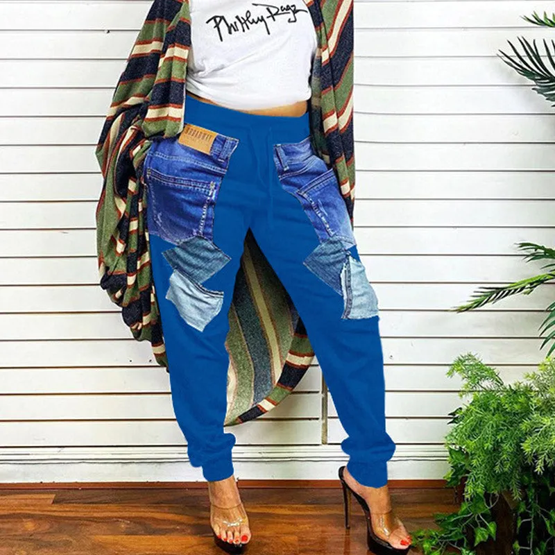 Colorblock Pocket Design High Waist Casual Pants