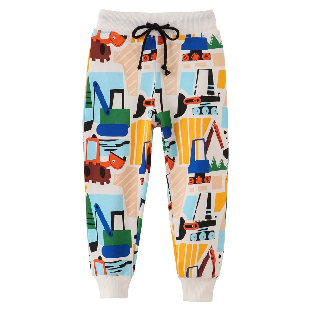 Dinosaur & Machinery Print Cotton Sports Pants for Boys - Beige, Grey