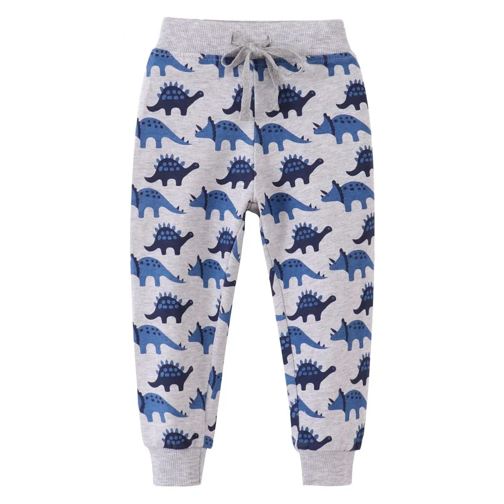 Dinosaur & Machinery Print Cotton Sports Pants for Boys - Beige, Grey