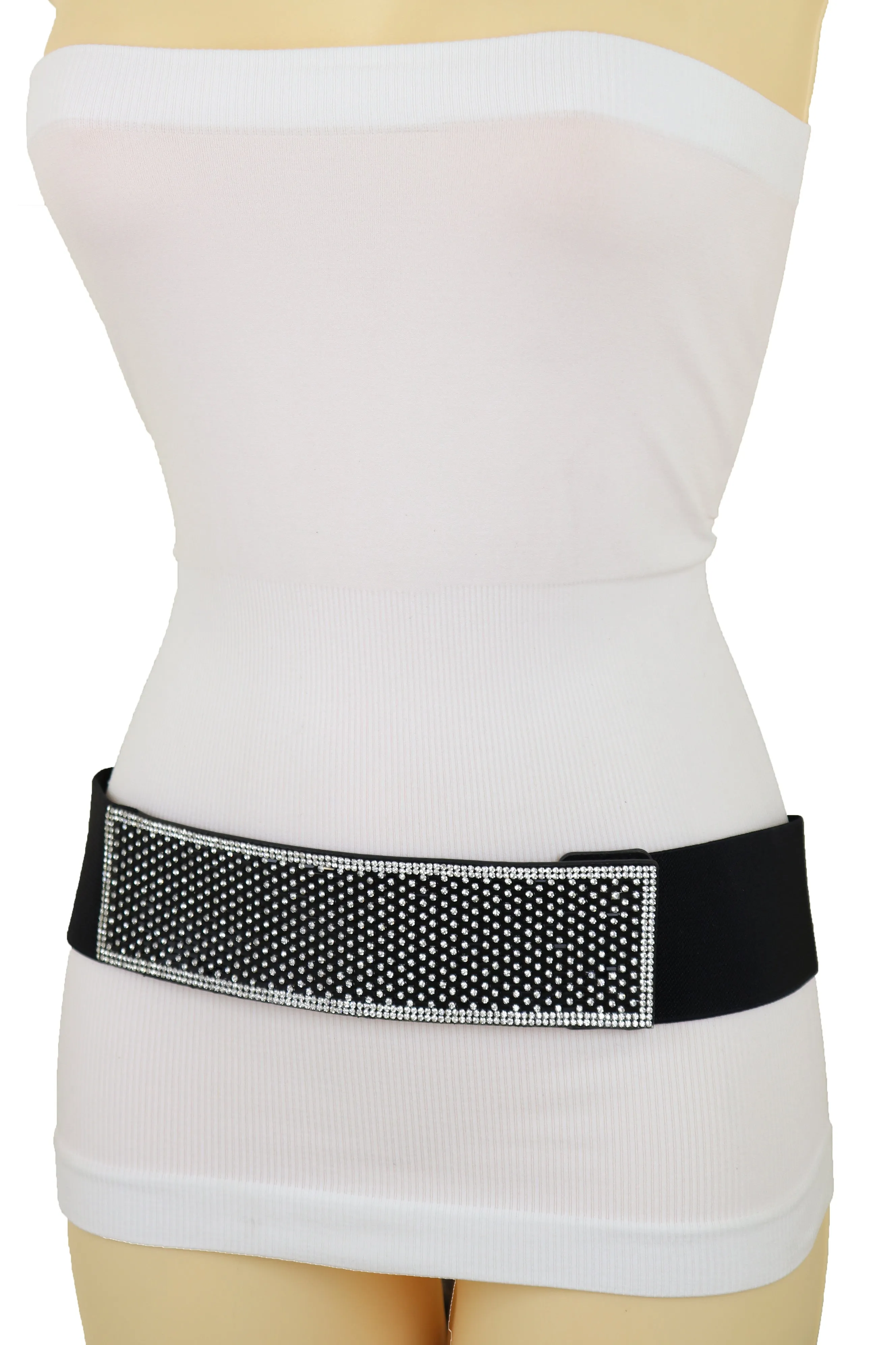 Elegant Fashion Belt Black Elastic Waistband Bling Long Plate Buckle S M