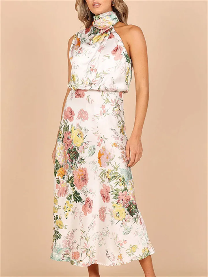 Elegant Floral Print Halter Sleeveless Party Dress