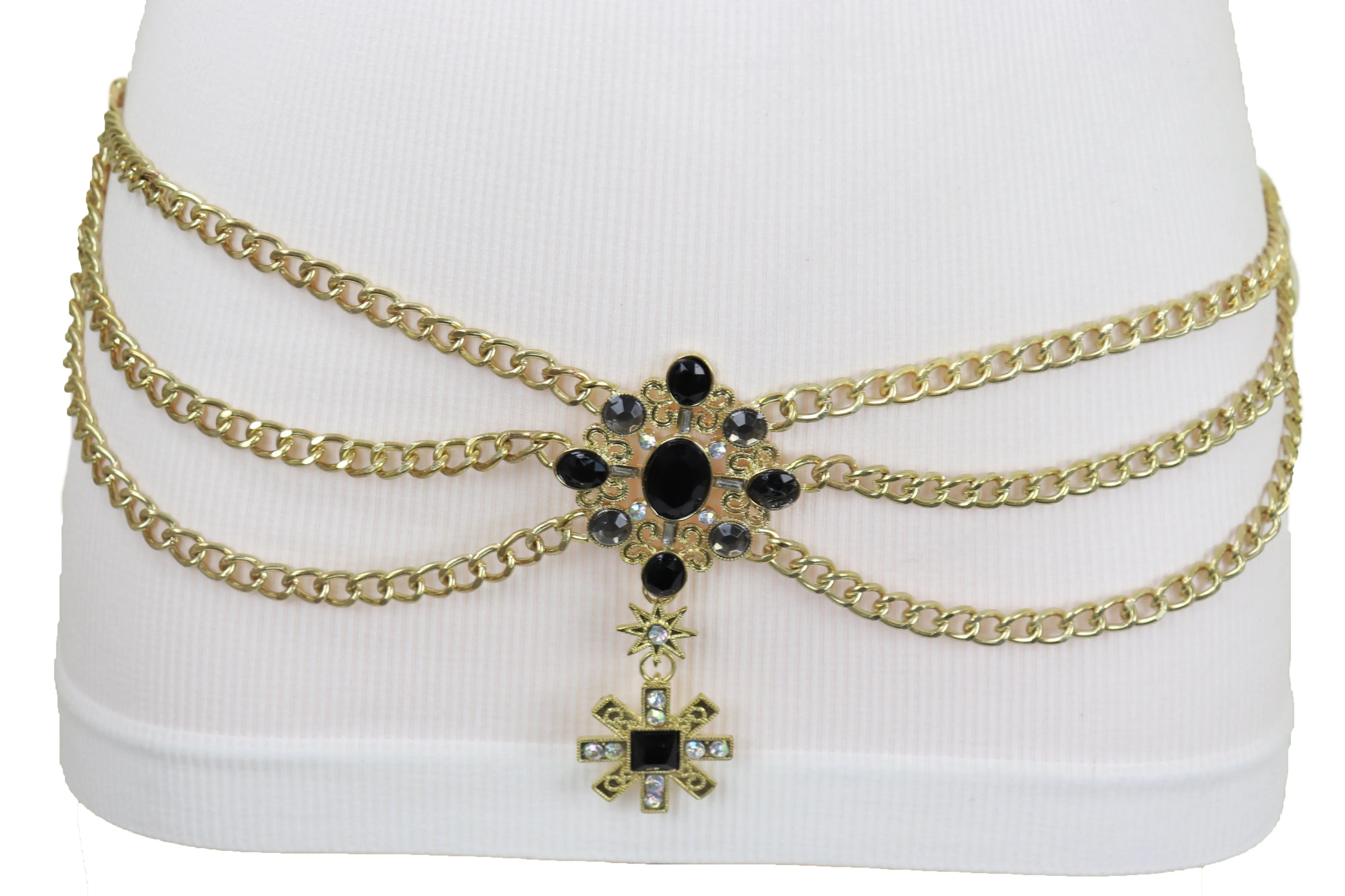 Gold Metal Chain Belt British Black Cross Star Charm S M
