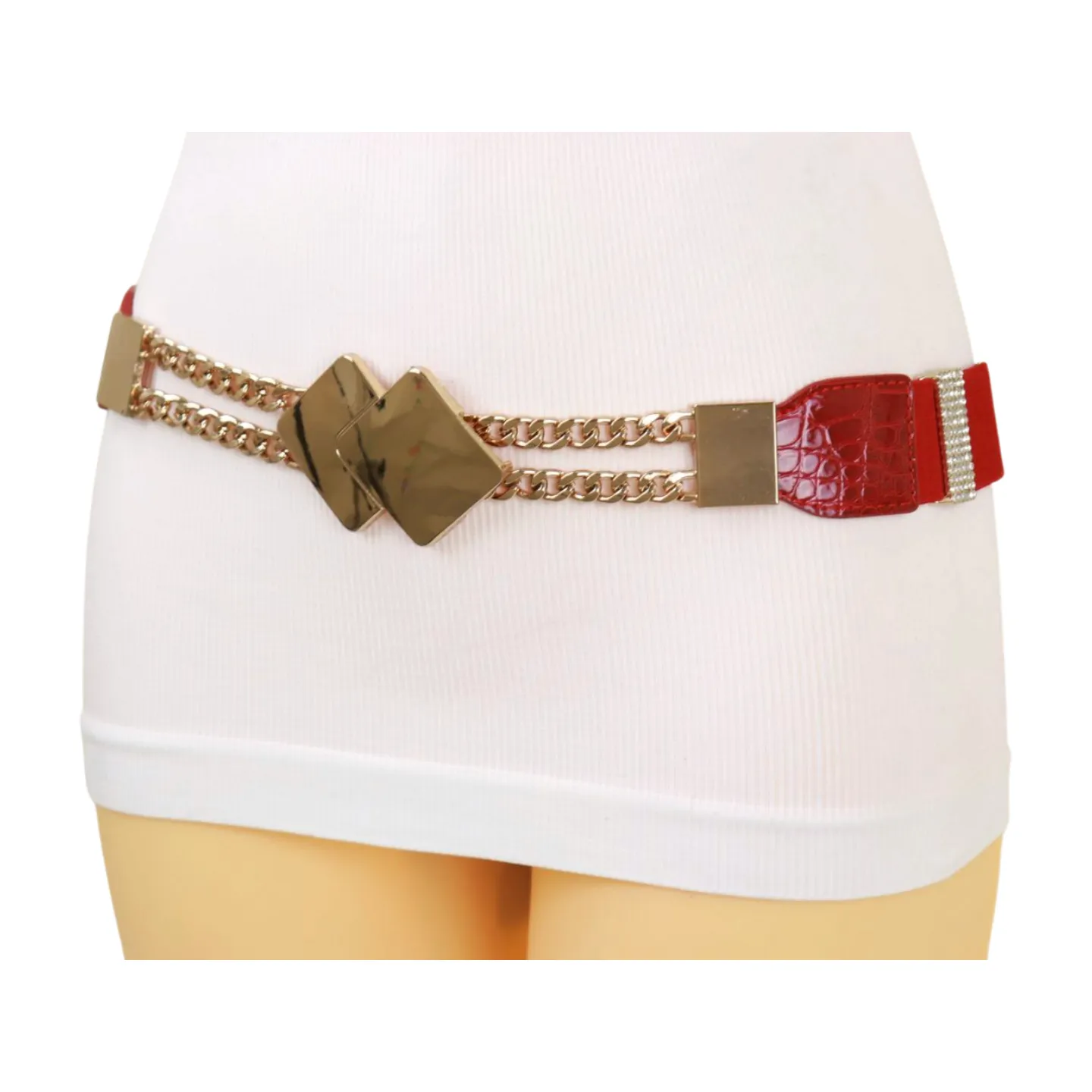 Gold Metal Squares Buckle Fashion Red Elastic Band Belt S M