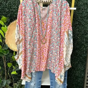 Kalani Pink Color Block Leopard Floral Bat Wing Blouse