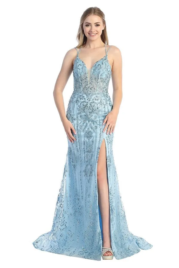 LF 7747 - Glitter Print Fit & Flare Prom Gown with Boned Sheer Bodice & Leg Slit