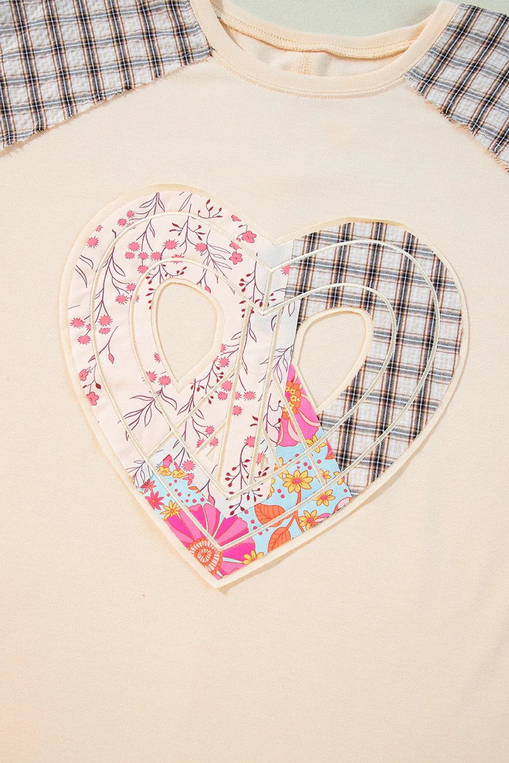 Mathis Plaid Floral Patchwork Heart Top - Beige