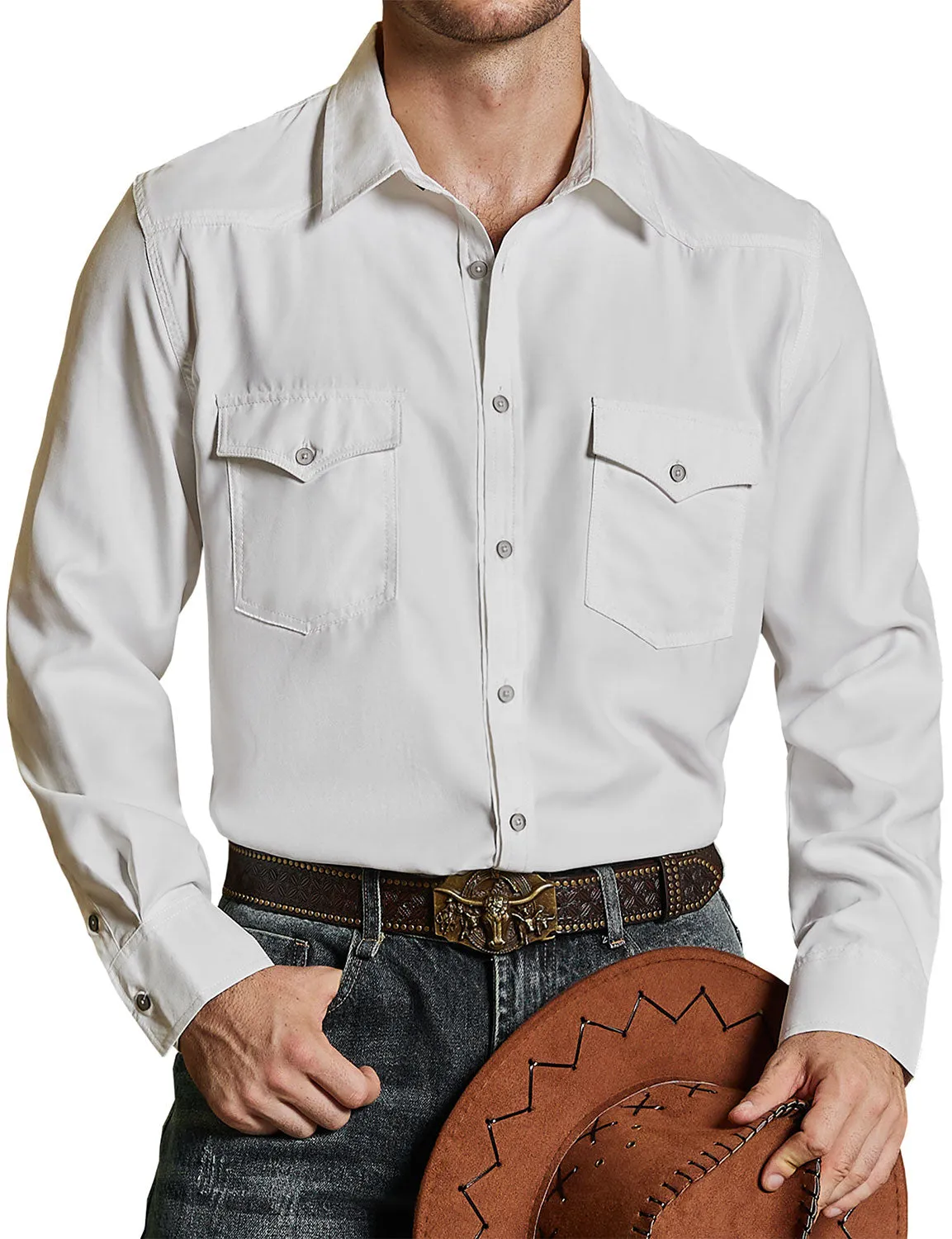 Men's Casual Western Cowboy Pocket Button Up Long Sleeve Shirt