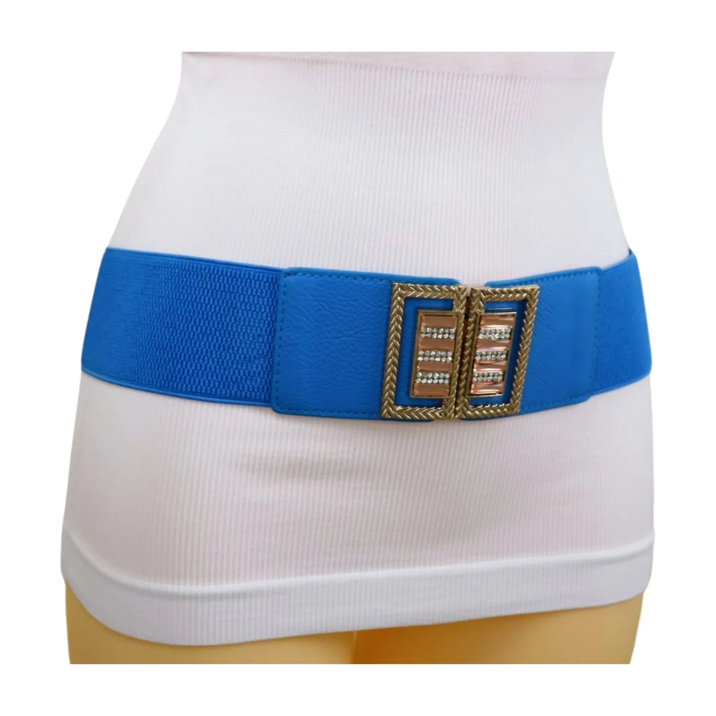 New Women Blue Wide Elastic Fashion Belt Gold Bling Square Buckle S M