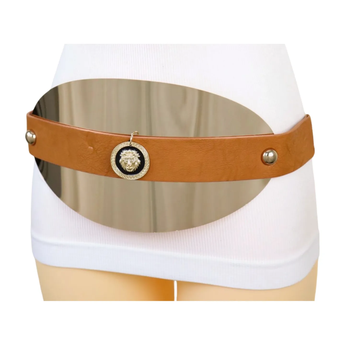 New Women Brown Elastic Waistband Belt Gold Metal Oval Plate Lion Coin Charm Fit Size S M