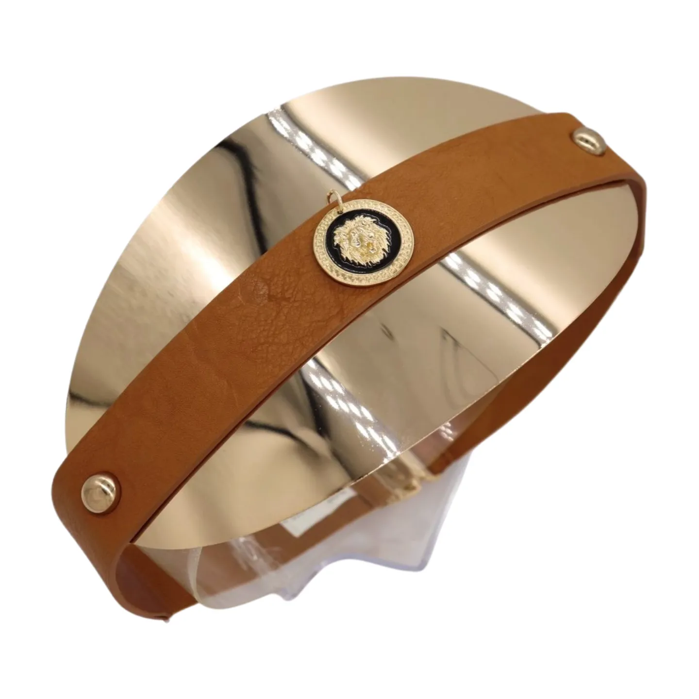 New Women Brown Elastic Waistband Belt Gold Metal Oval Plate Lion Coin Charm Fit Size S M