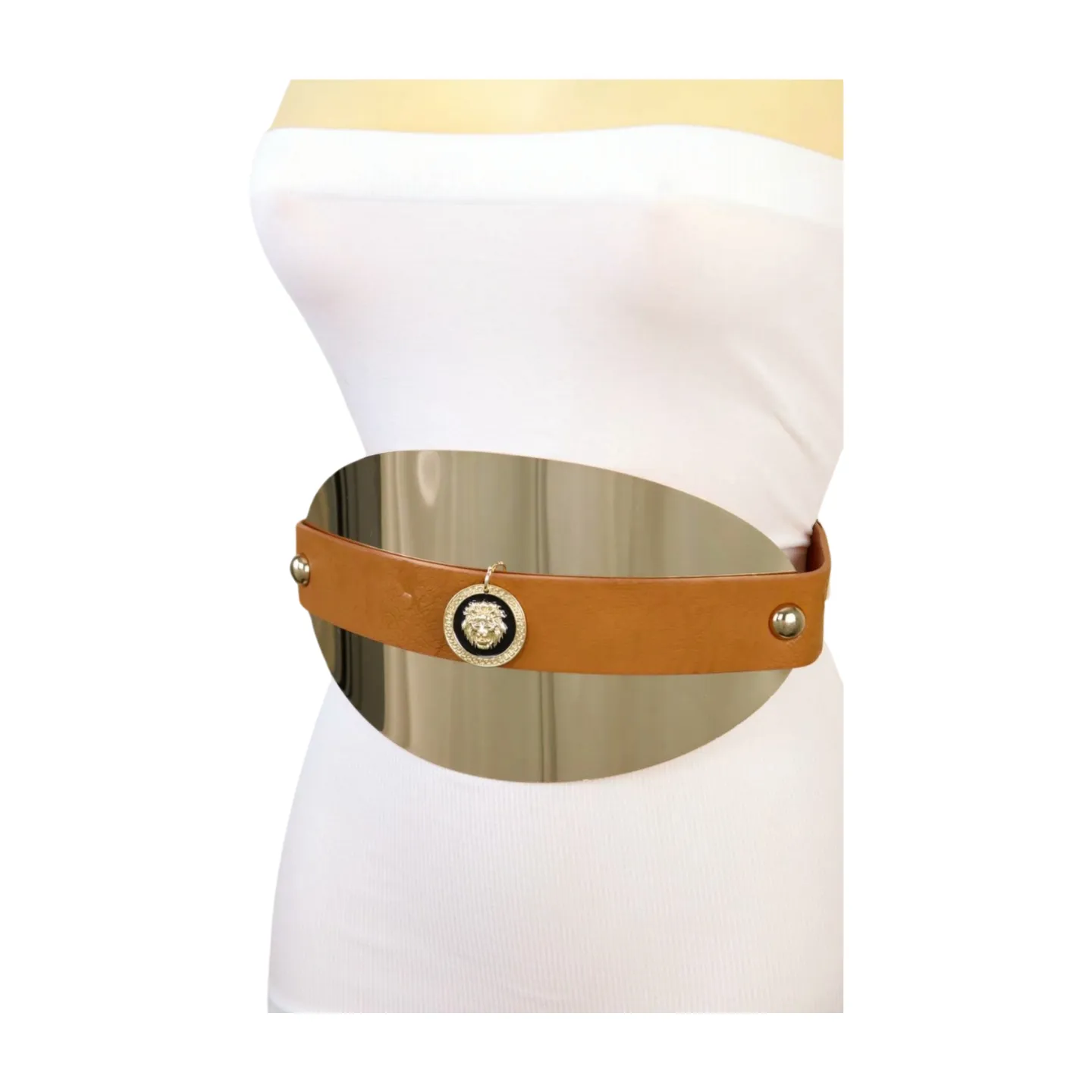 New Women Brown Elastic Waistband Belt Gold Metal Oval Plate Lion Coin Charm Fit Size S M