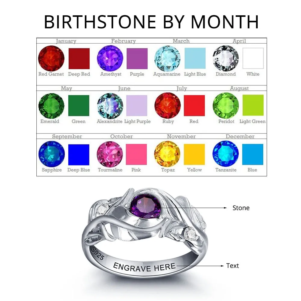 Personalized Engrave Birthstone Trendy Leaf 925 Sterling Silver Cubic Zirconia Engagement Ring