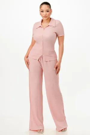 Pink Textured Polo Top And Pants Set