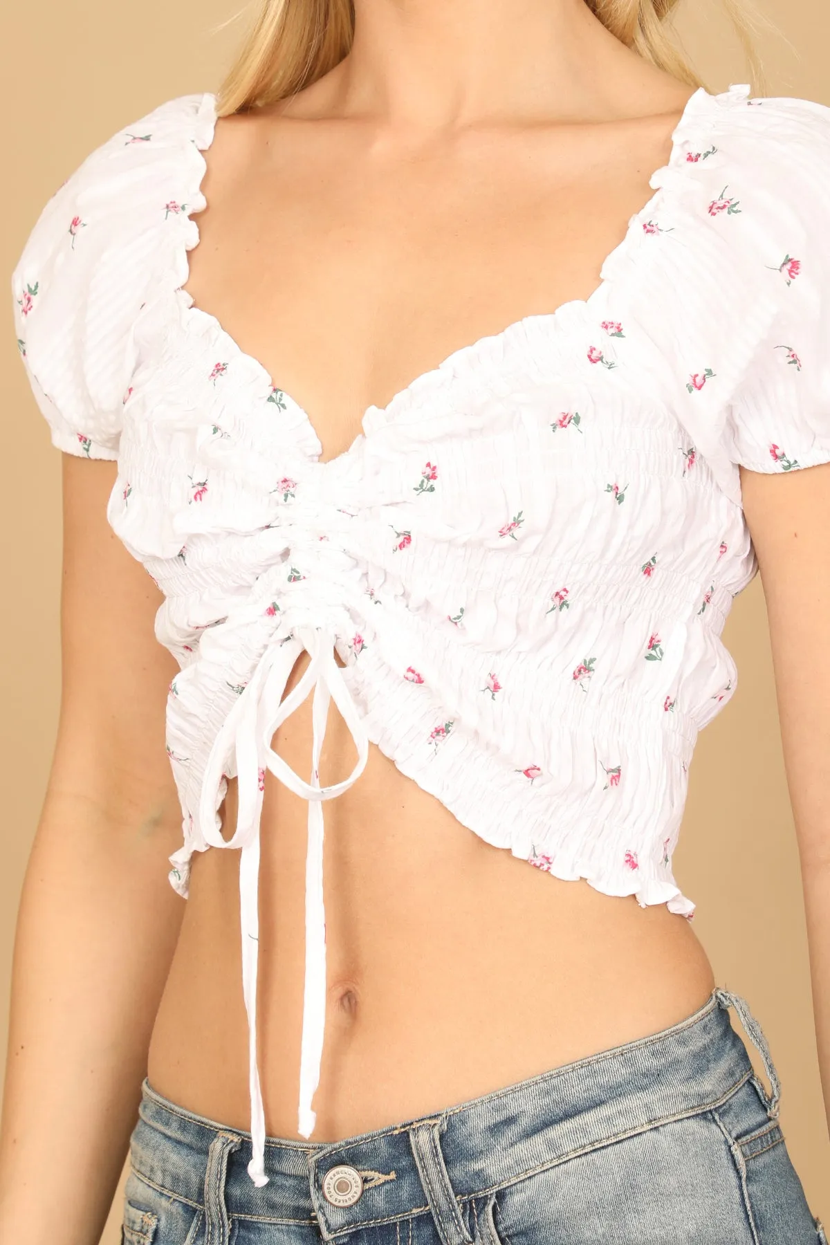 PUFF SLEEVE SMOCKED RUCHED TIE FRONT FLORAL TOP