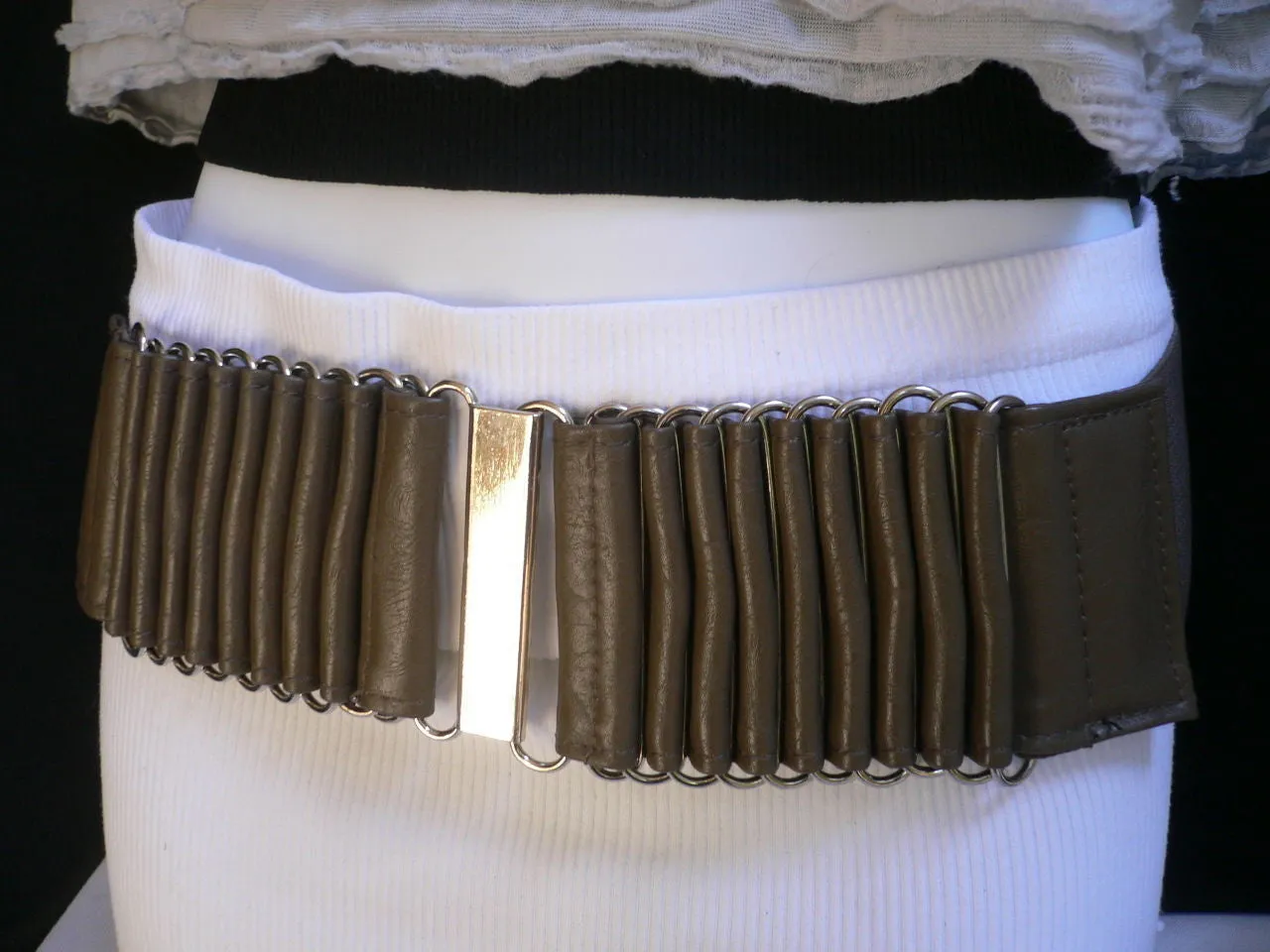 Red Elastic Fashion Wide Belt Silver Metal Buckle Adjustable Size S M