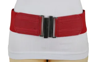 Red Elastic Fashion Wide Belt Silver Metal Buckle Adjustable Size S M