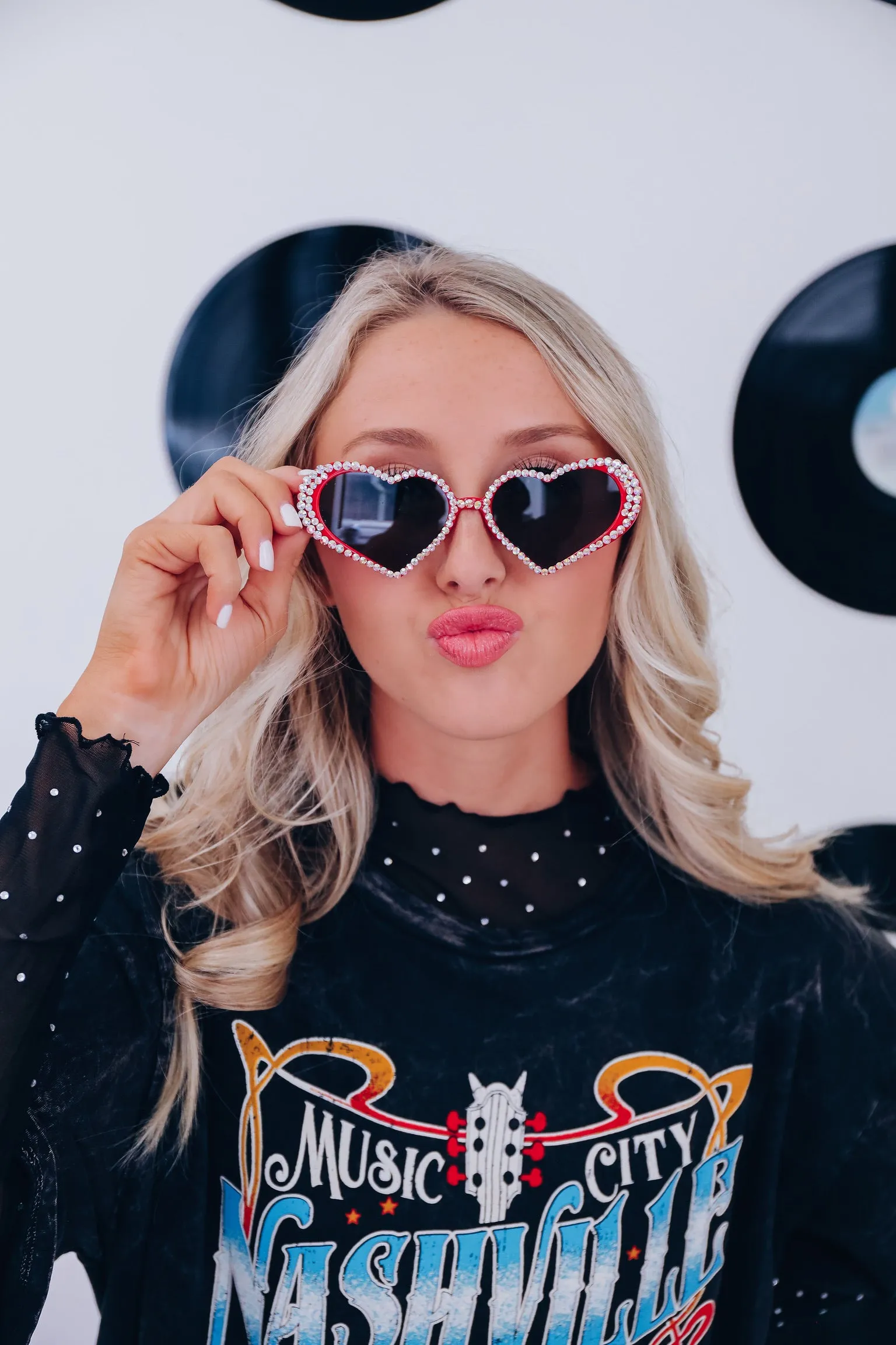 Rhinestone Rim Heart Sunglasses - Red