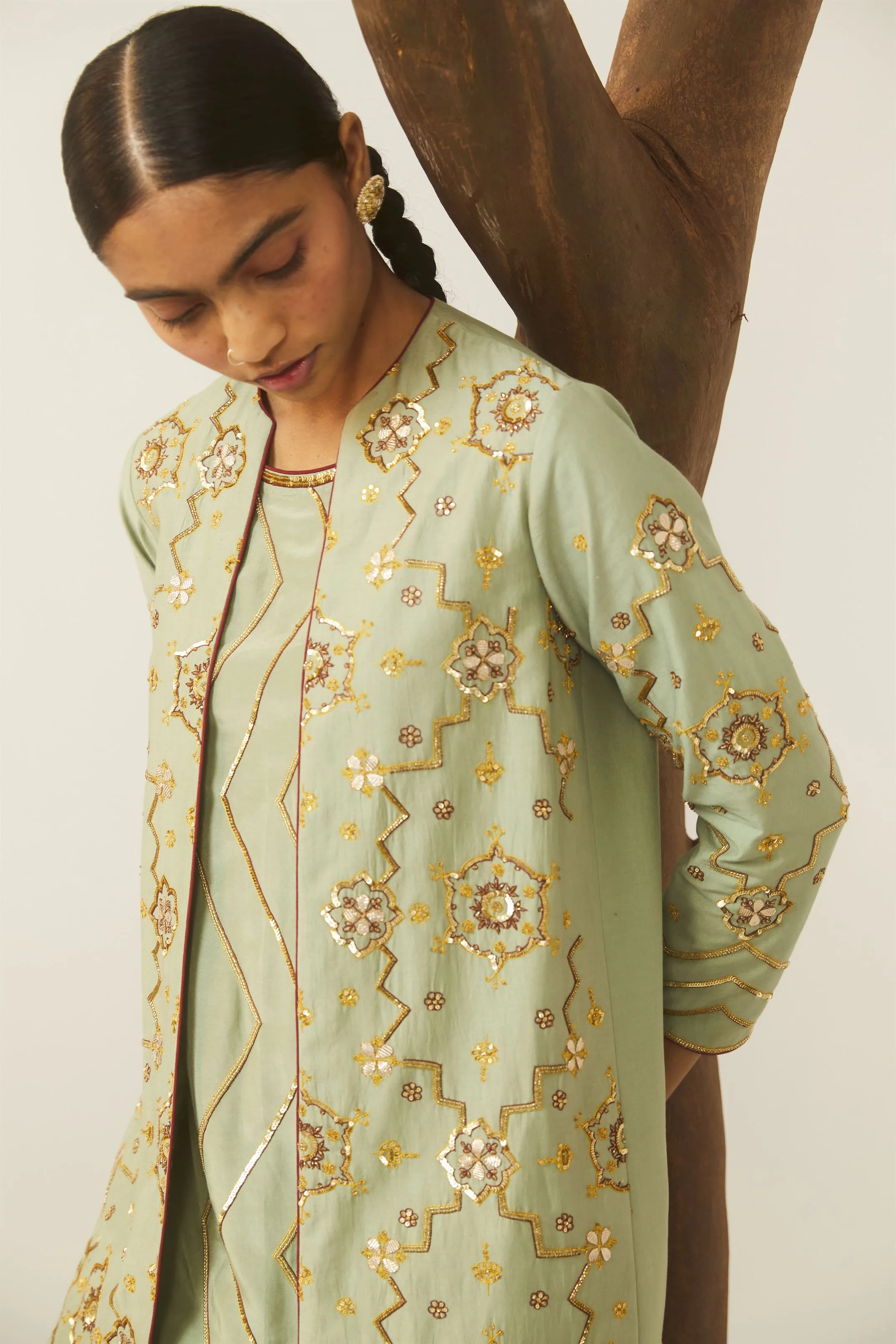 Sarang Kaur Oakville Sea Green Bareeki Jacket Shirt Pant Set Cotton silk Bareeki SK01210
