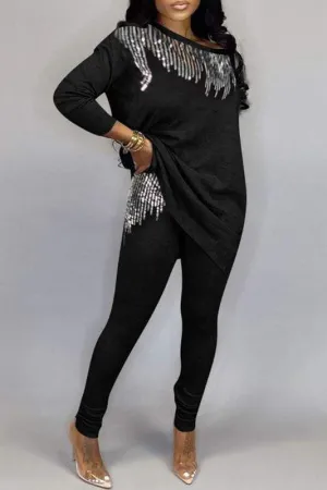 Sequins Slit Long Sleeve Top Pants Set