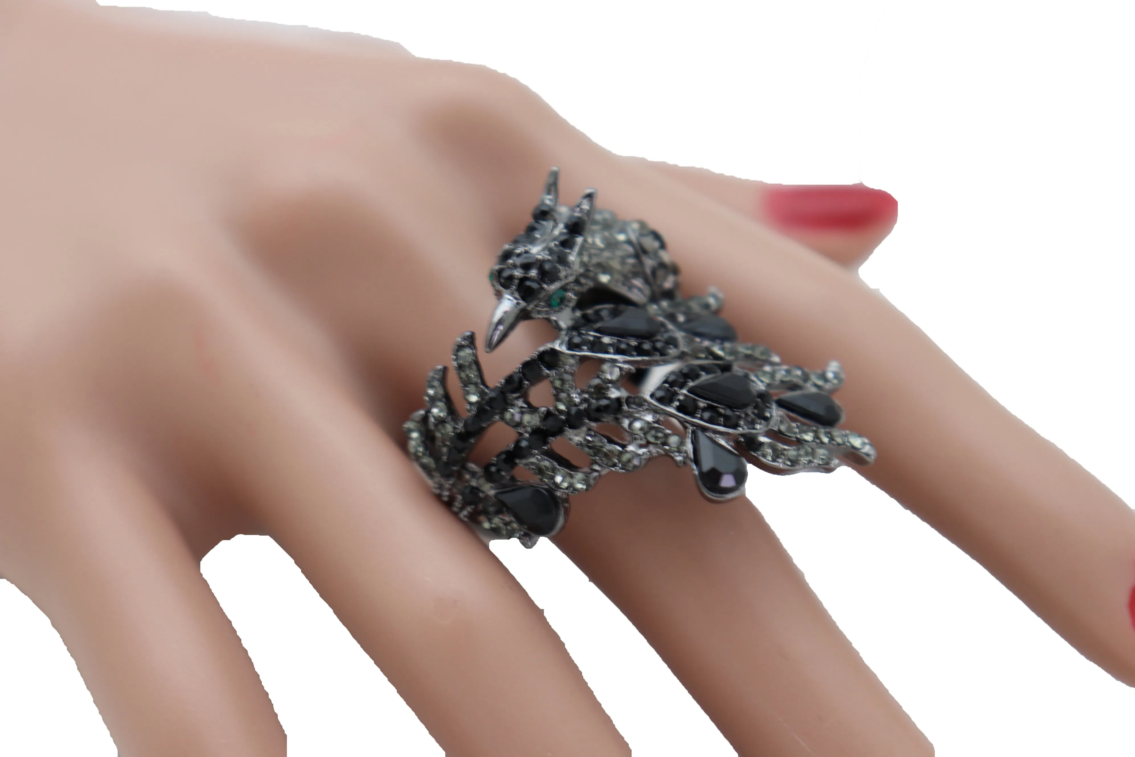 Silver Metal Bling Peacock Ring Elastic Band Black Feather Wrap Around One Size