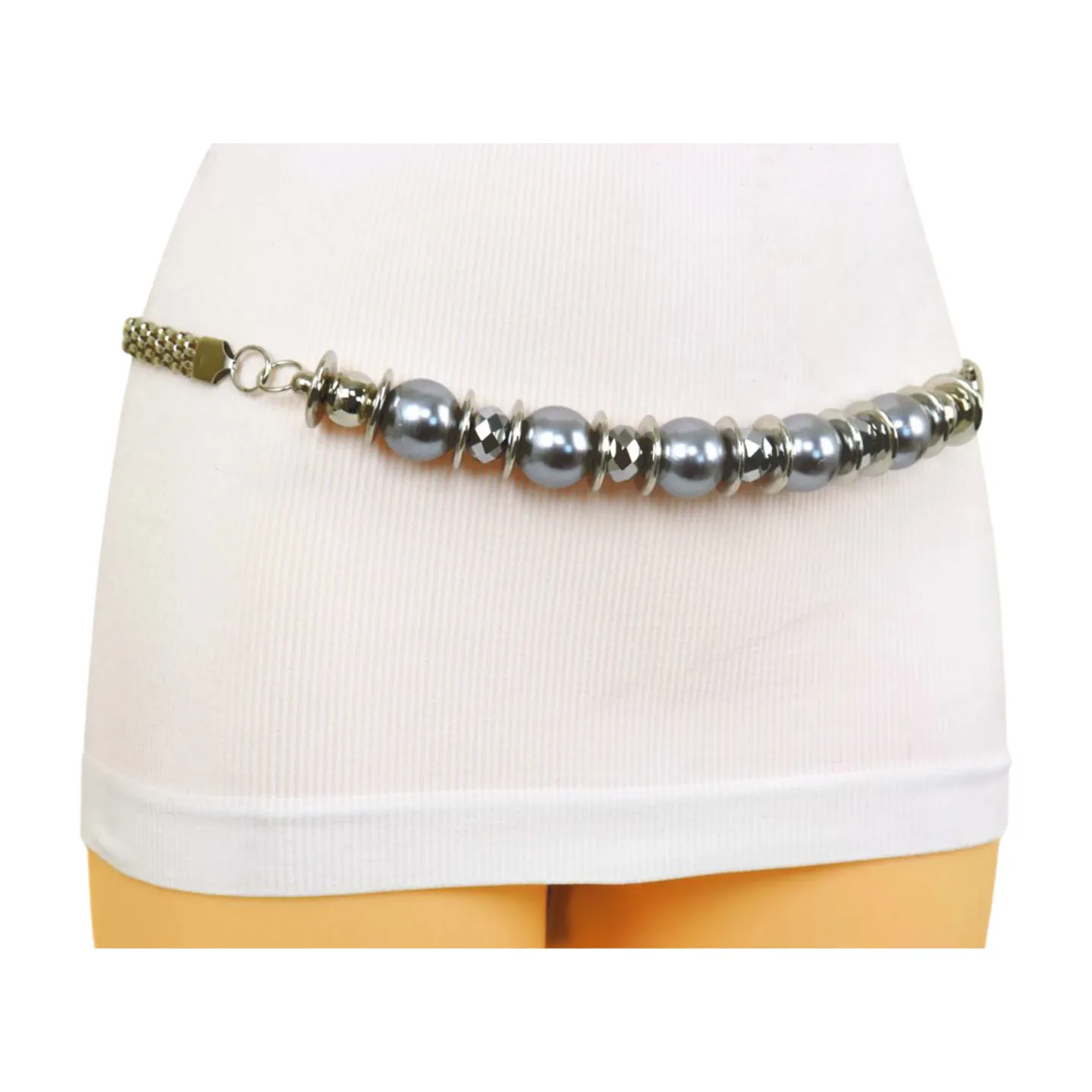 Silver Metal Chain Beaded Belt Gray Beads S M L
