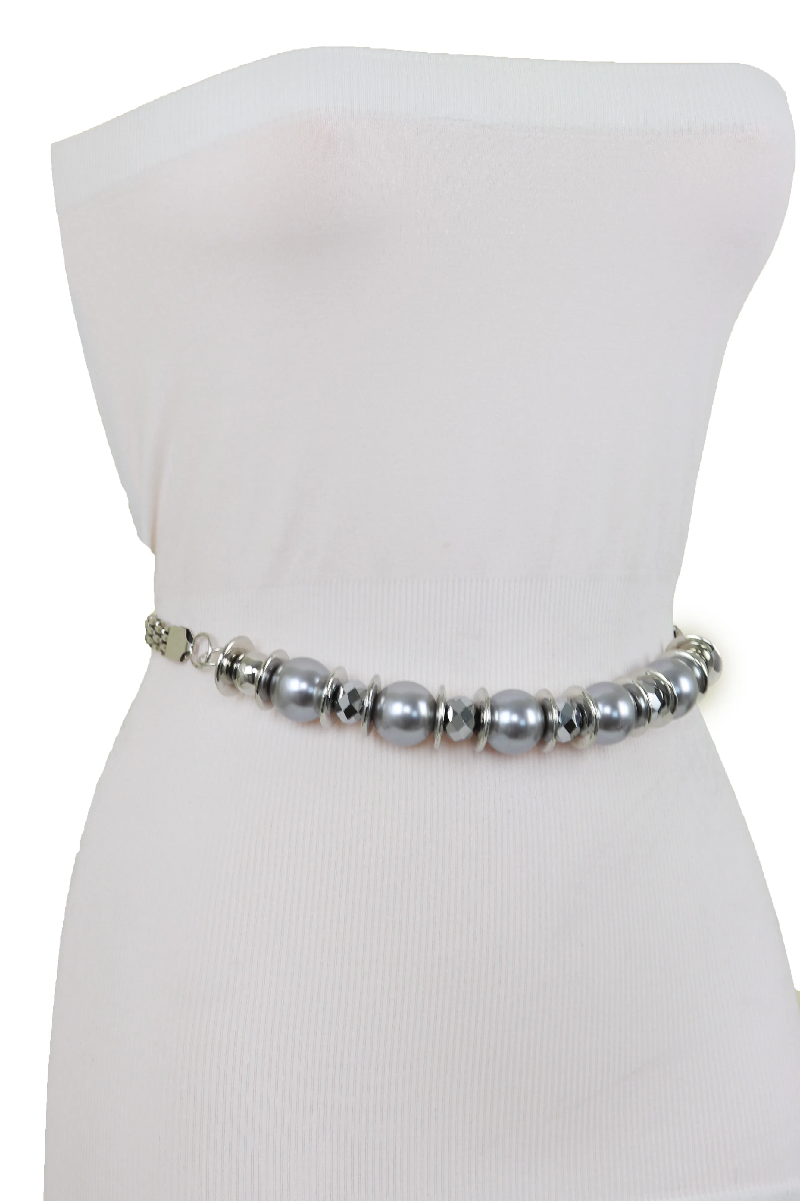 Silver Metal Chain Beaded Belt Gray Beads S M L