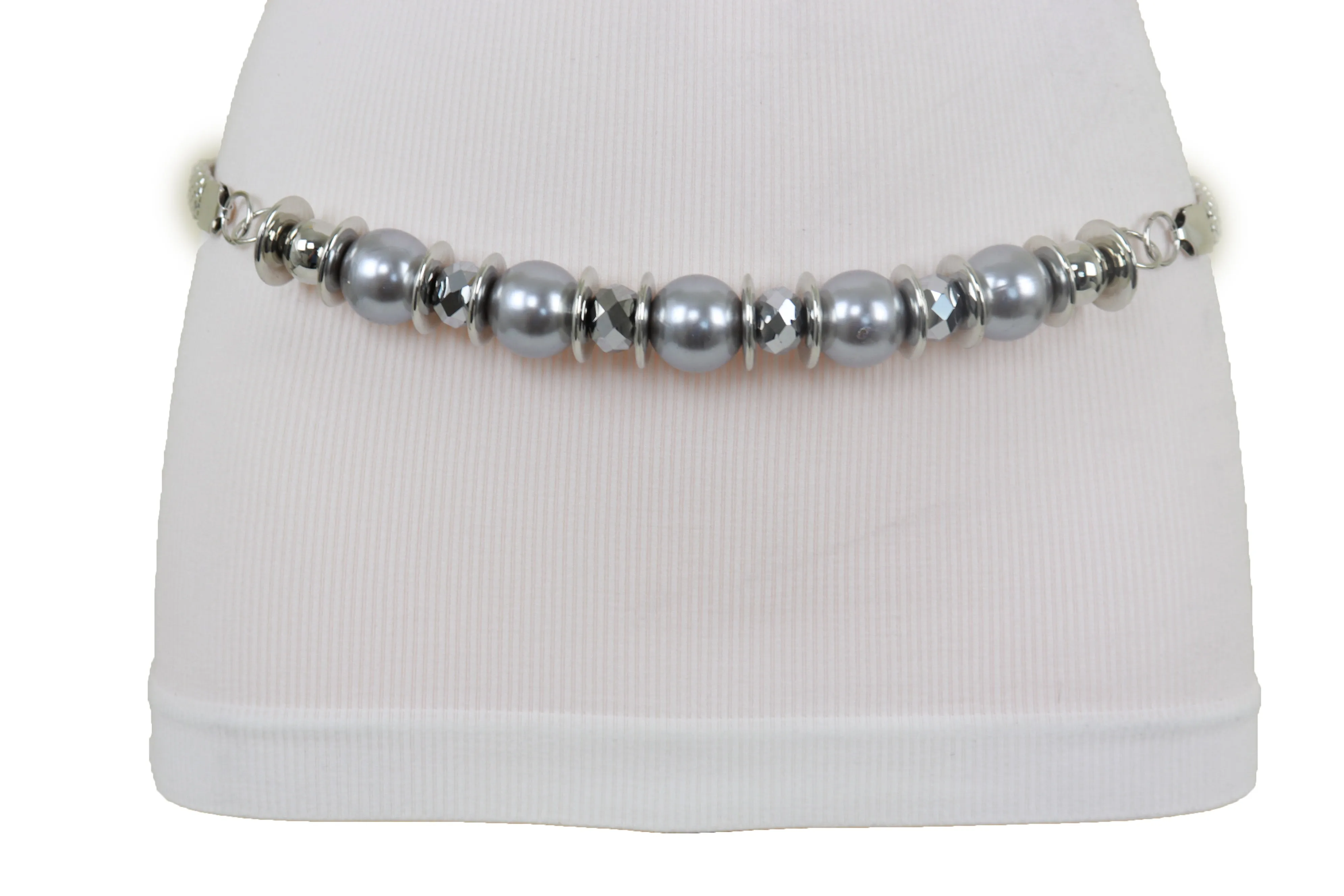 Silver Metal Chain Beaded Belt Gray Beads S M L