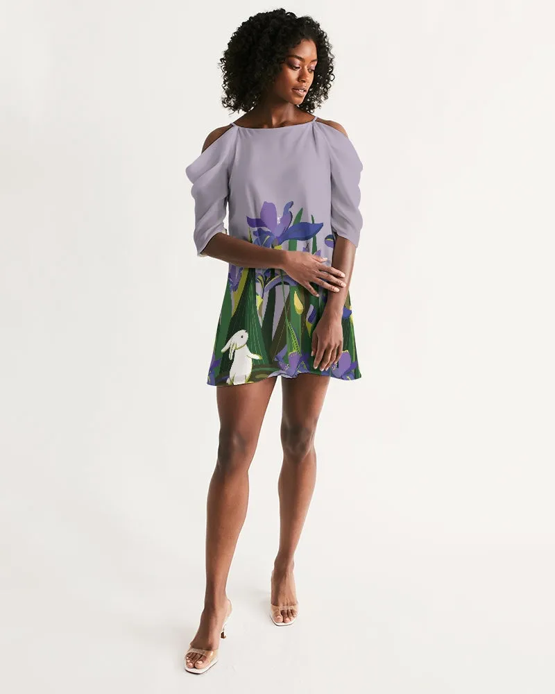 SMF Bunny and Flowers Feminine Open Shoulder A-Line Dress