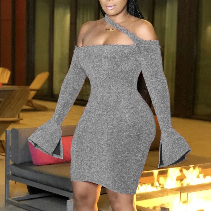 Solid Off Shoulder Long Flared Sleeve Dress