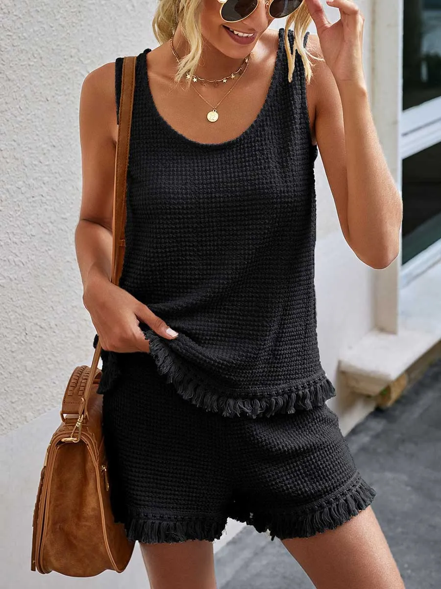 Stunncal Fashion Fringe Vest Casual Women's Shorts Set