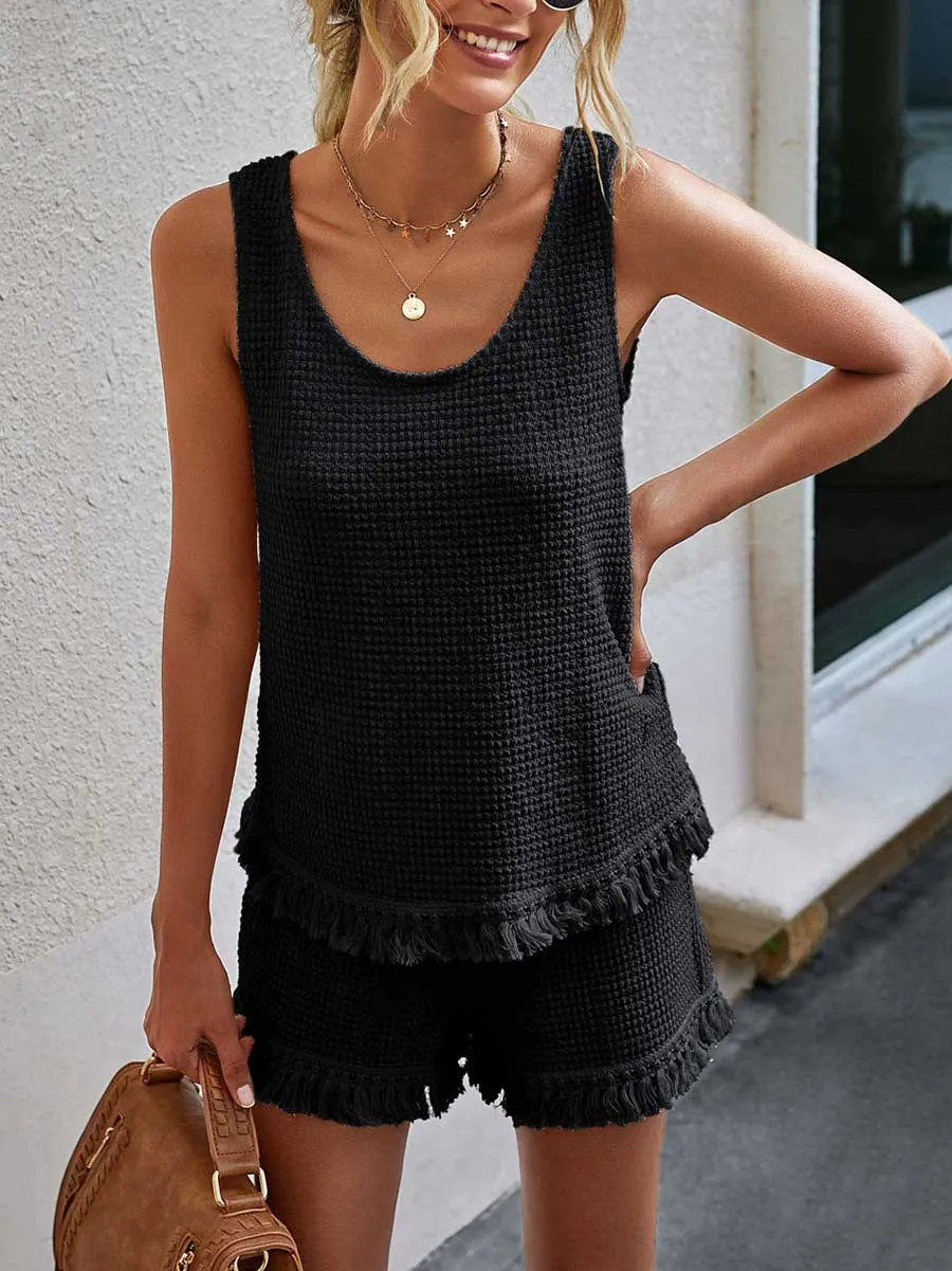 Stunncal Fashion Fringe Vest Casual Women's Shorts Set