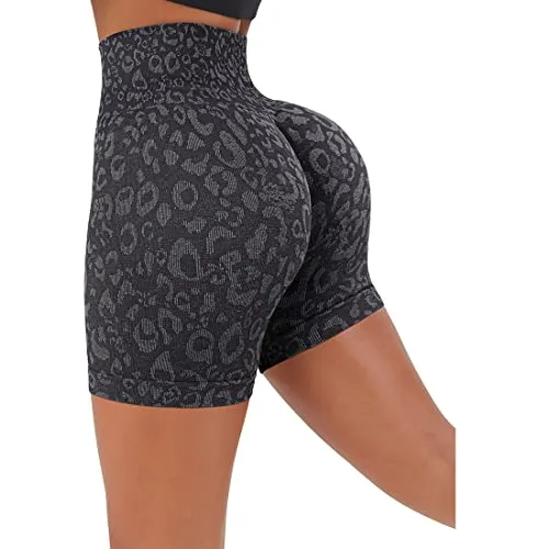 SUUKSESS Women Seamless Booty Shorts Scrunch Butt Lifting High Waisted Biker Shorts (5" Black Leopard, S)