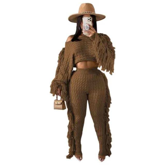 Tassel Knitted Sweater Sexy Two Piece Set