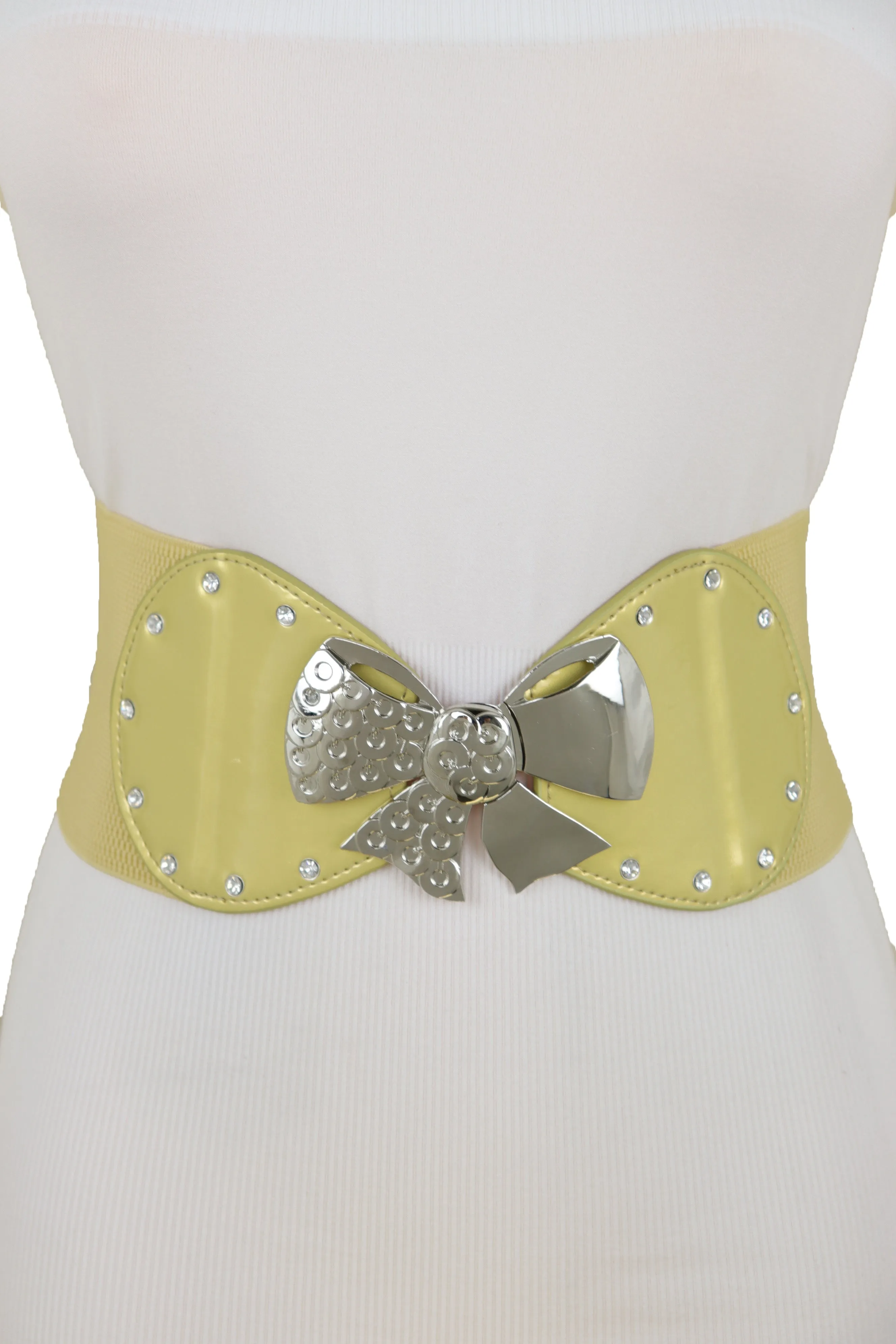 Wide Gold Stretch Fashion Belt Hip High Waist Metal Bow Tie Buckle Fit S M