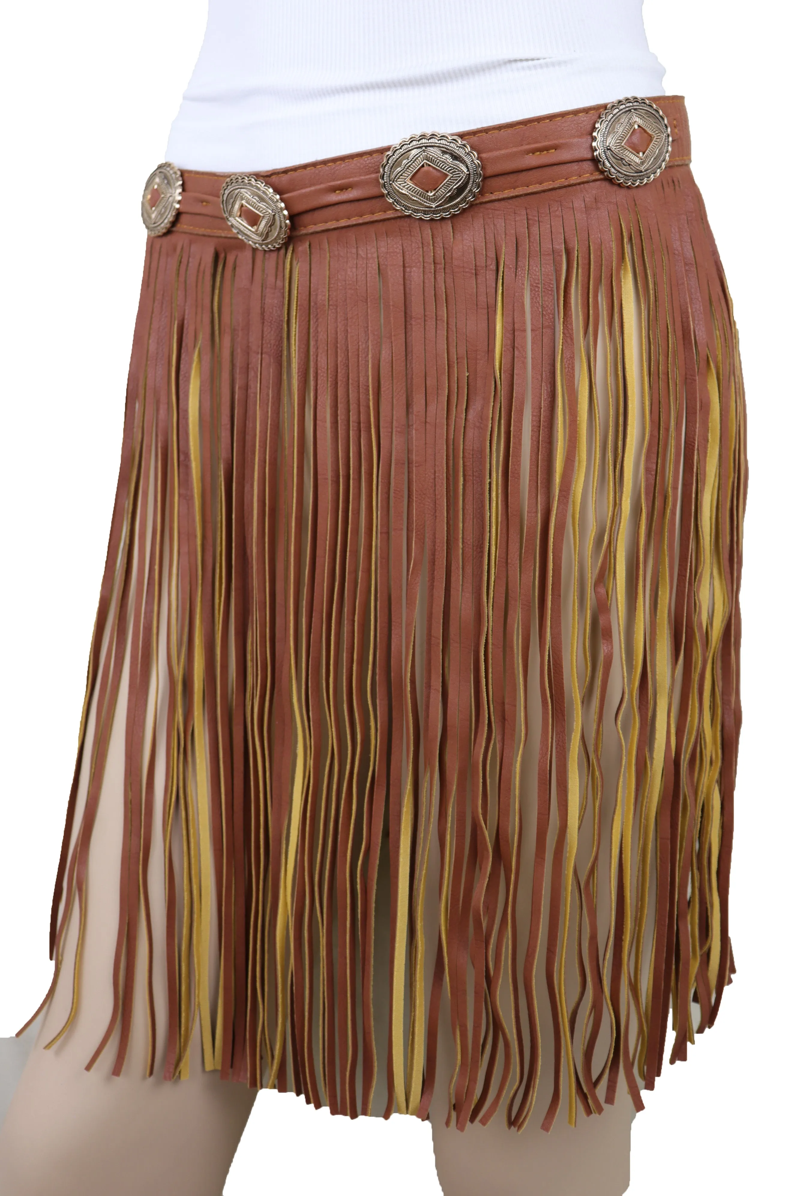 Women Brown Skirt Faux Leather Wrap Around Fashion Belt Concho Charms Size S M