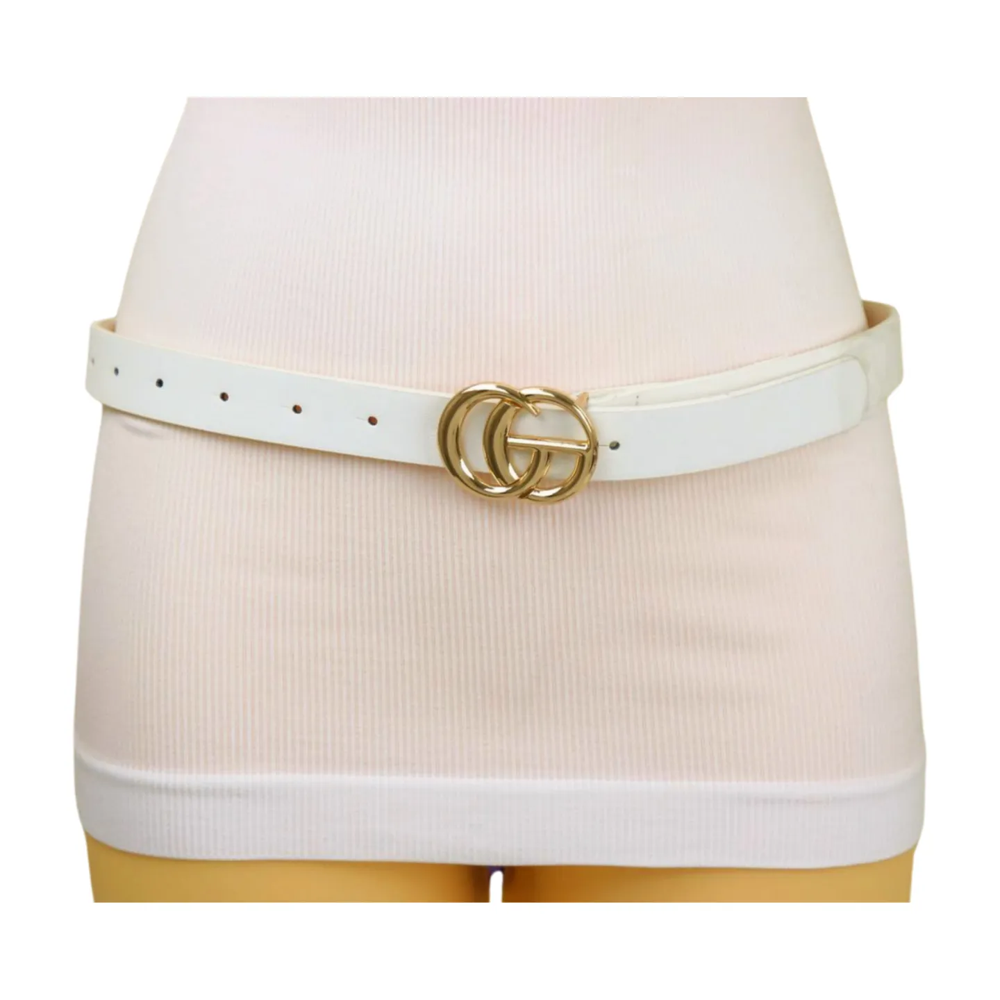 Women White Faux Leather Skinny Belt Gold Metal Buckle M L